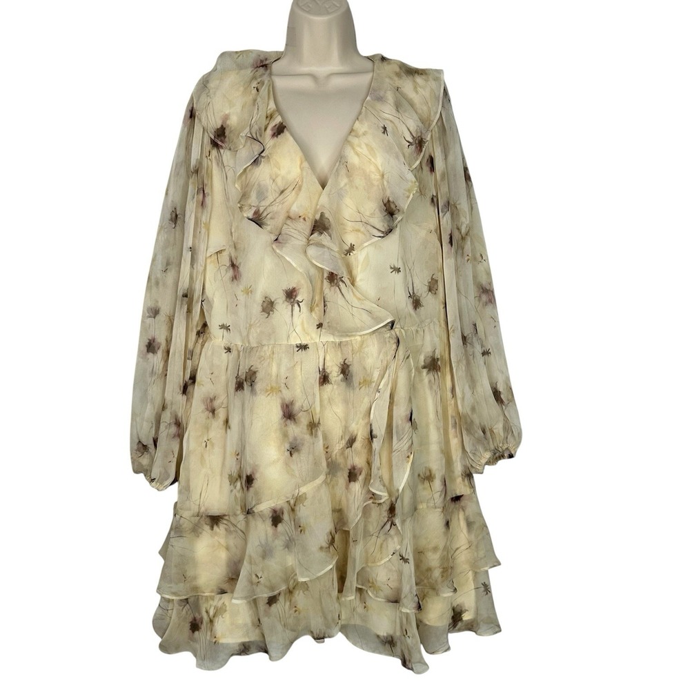 Chelsea28 Tiered Chiffon Mini Dress Women XL Beige Floral Ruffle Long Sleeve NWT